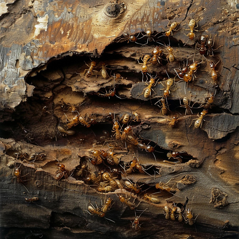 Galeries de termites creusées dans l'épaisseur d'une pièce de bois
