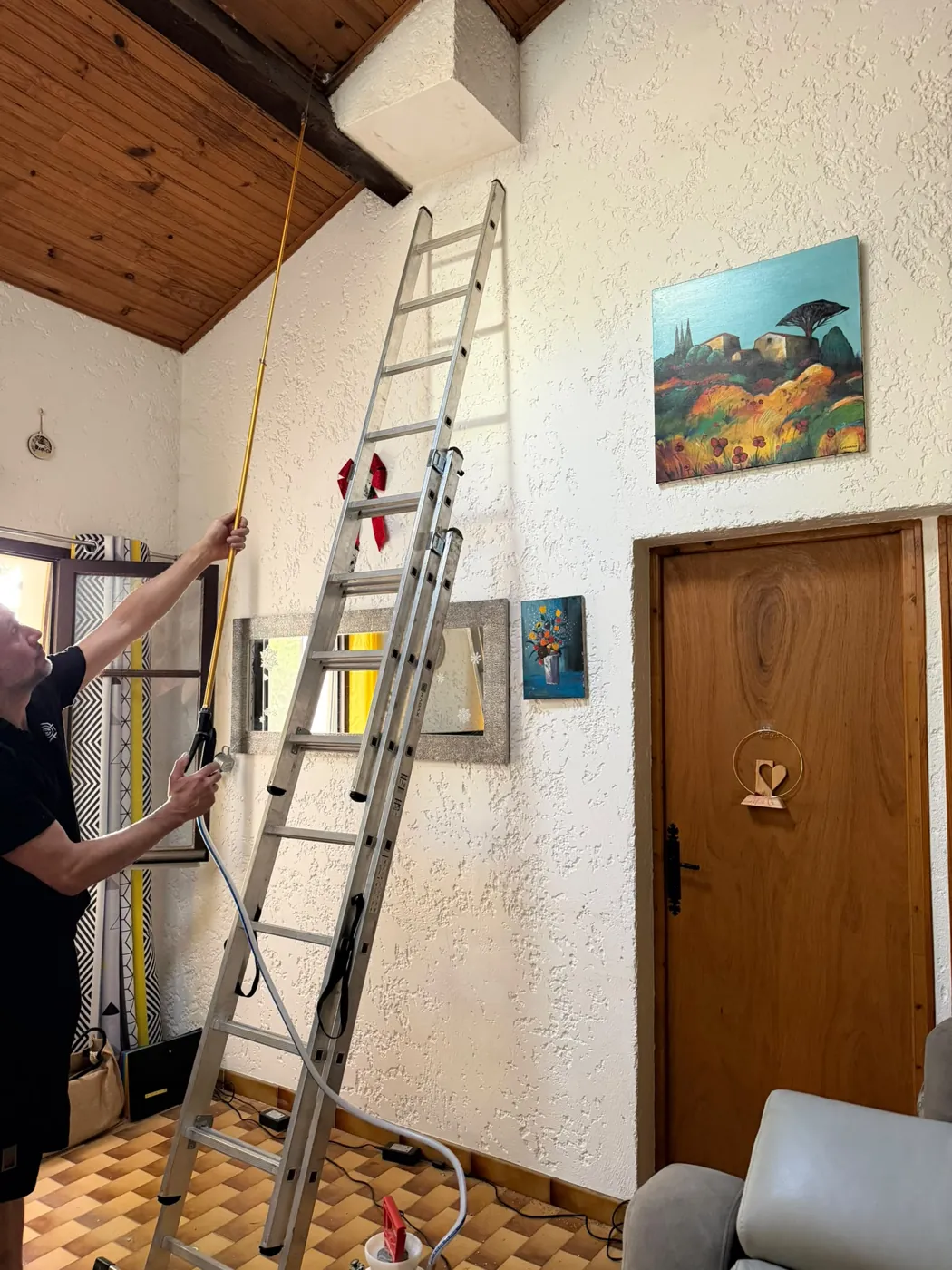 Traitement à la perche d'un plafond en bois contre les fourmis charpentières à Rians